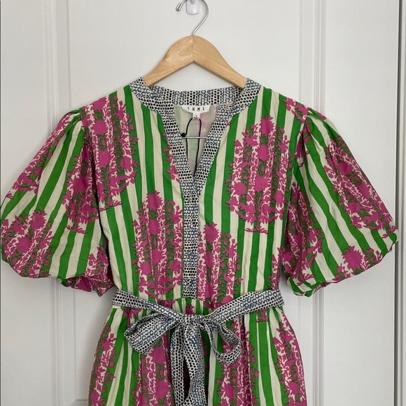 THML Women’s Tie Waist Puff Sleeves Dress with Green and Pink Floral Stripes L - Picture 3 of 10